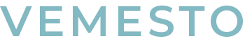 Logotyp för VEMESTO, med företagsnamnet i versaler utformat i en modern stil med ett geometriskt mönster i turkos och mörkblå nyanser.